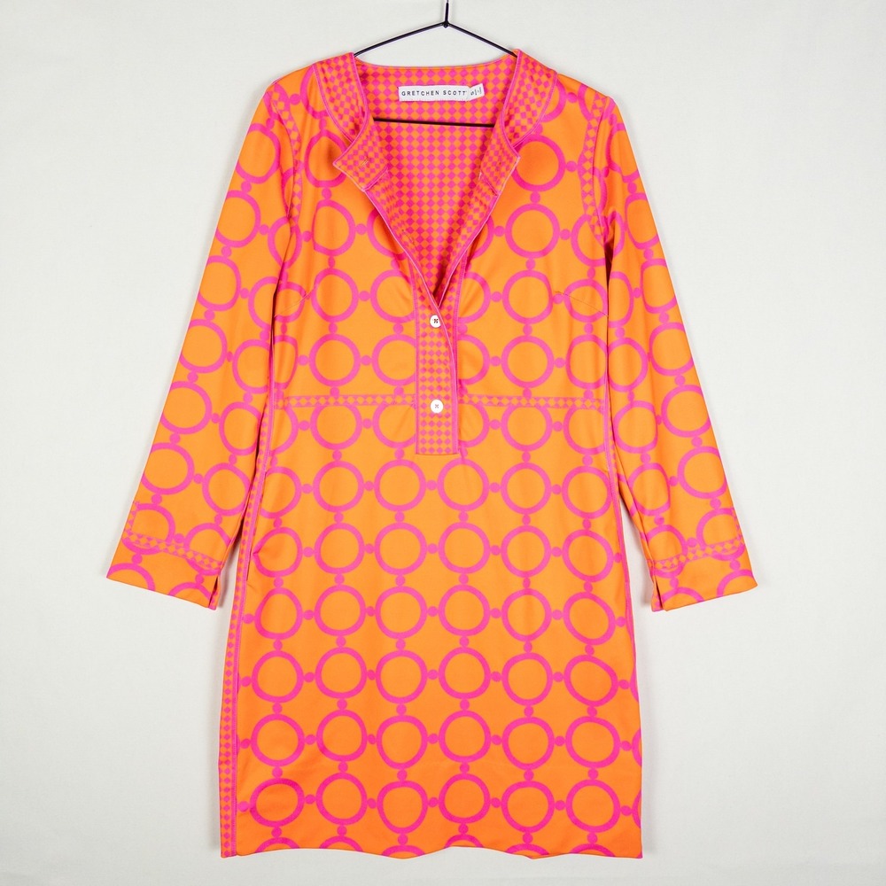 Gretchen Scott Geometric Circle Print Tunic Dress Womens S Orange Pink Resort